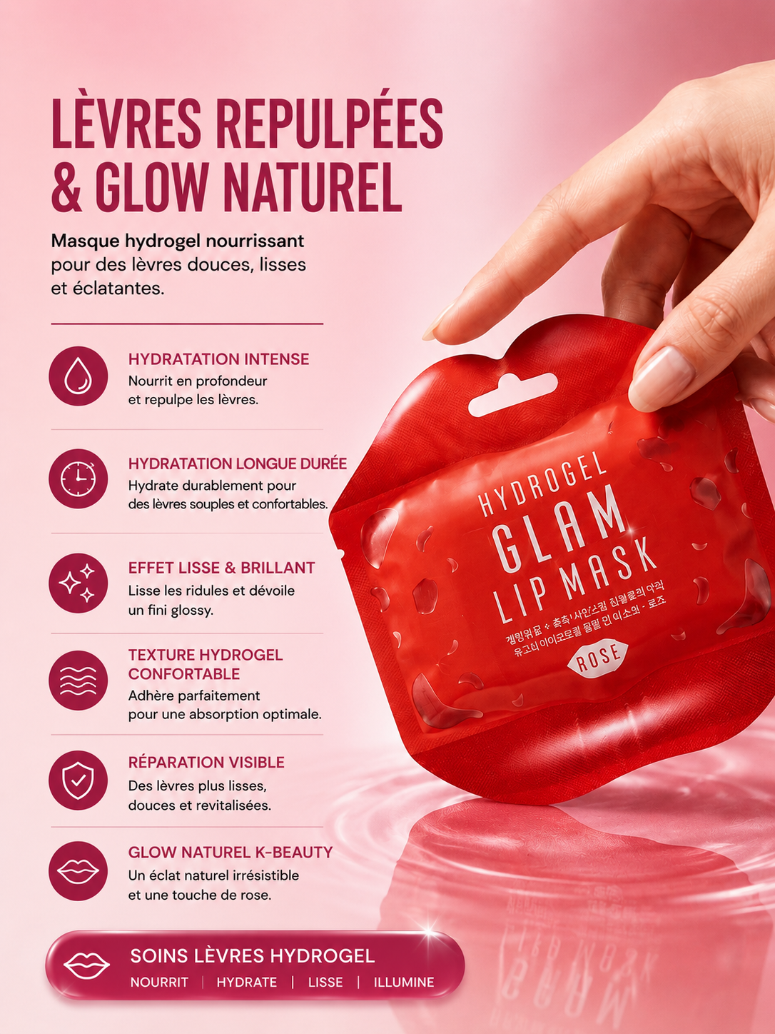 BEAUUGREEN - Hydrogel Glam Lip Mask Rose - 5 pièces